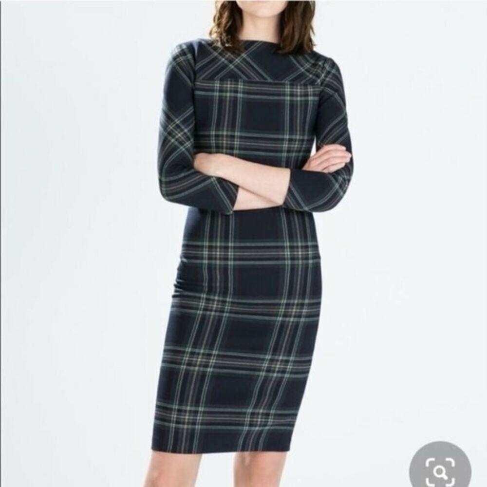 Zara Plaid Tartan Green Navy Blue Sheath Dress office casual women’s size XS
